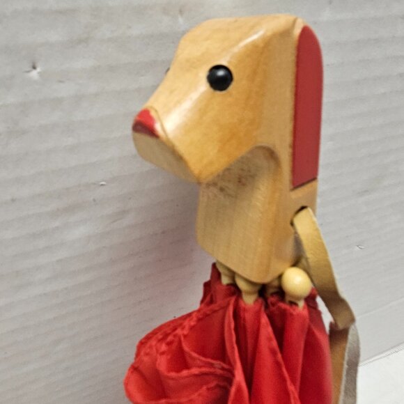 Vintage Child Kid Boy Girl Totes Umbrella Wood Wooden Dog Puppy Head Handle Red - Picture 3 of 13
